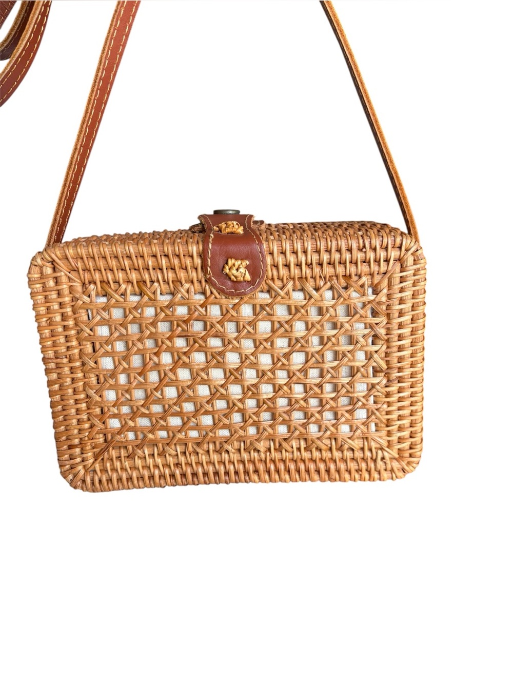 OBO Rectangular Woven Rattan Crossbody Bag Leather Trim Tan Cottage Core Boho